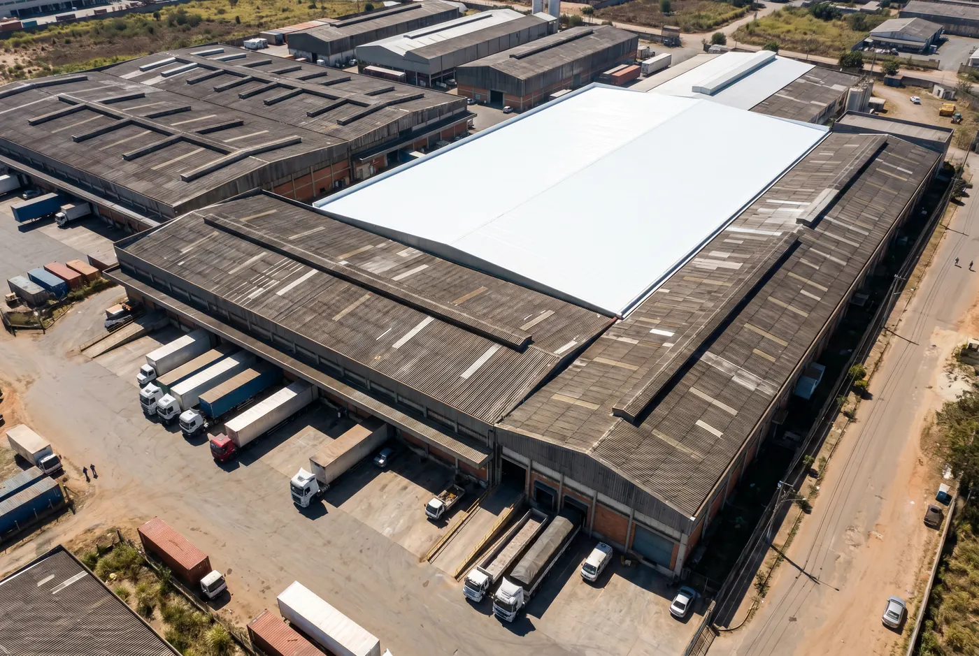 Vista aérea de complexo industrial com galpões, um deles com cobertura tratada