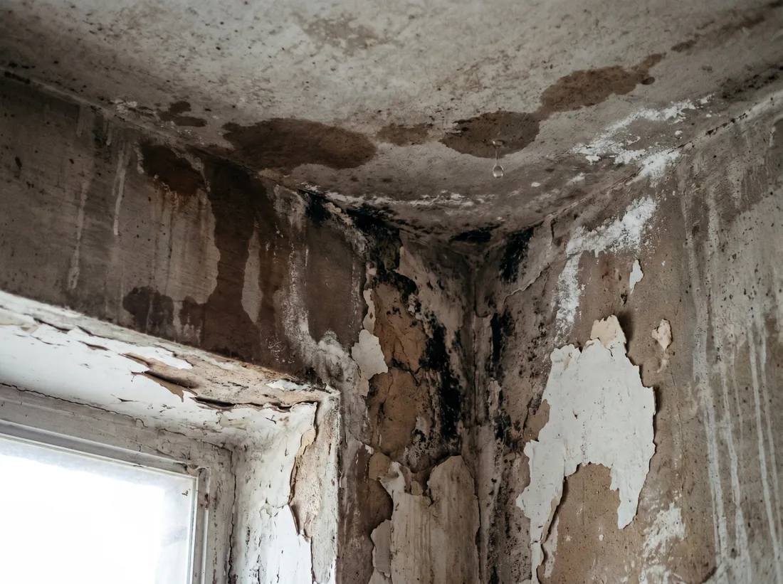 Infiltração com manchas de umidade e mofo em teto de concreto
